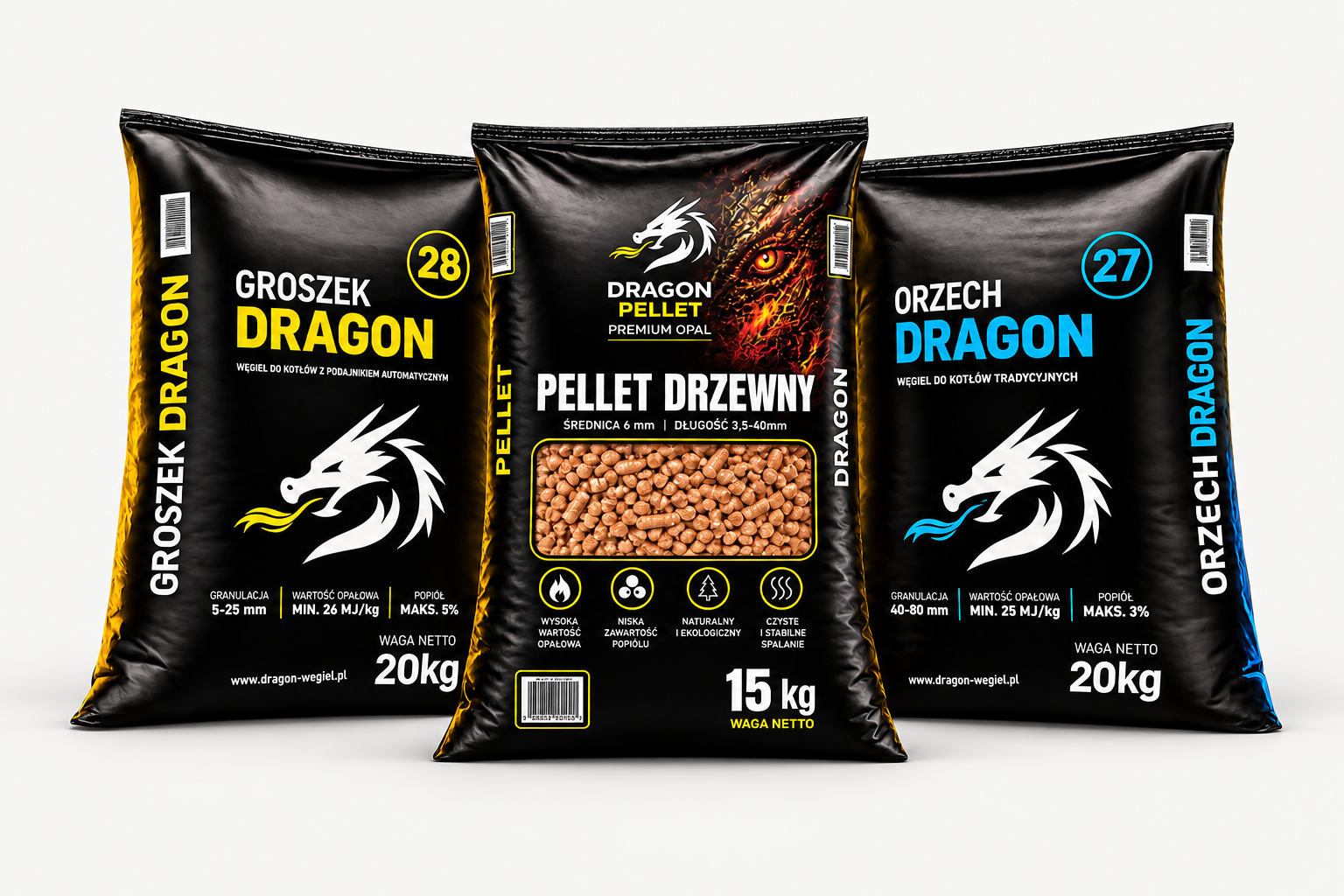 Trzy worki opału DRAGON: Groszek 20 kg, Pellet drzewny 15 kg i Orzech 20 kg